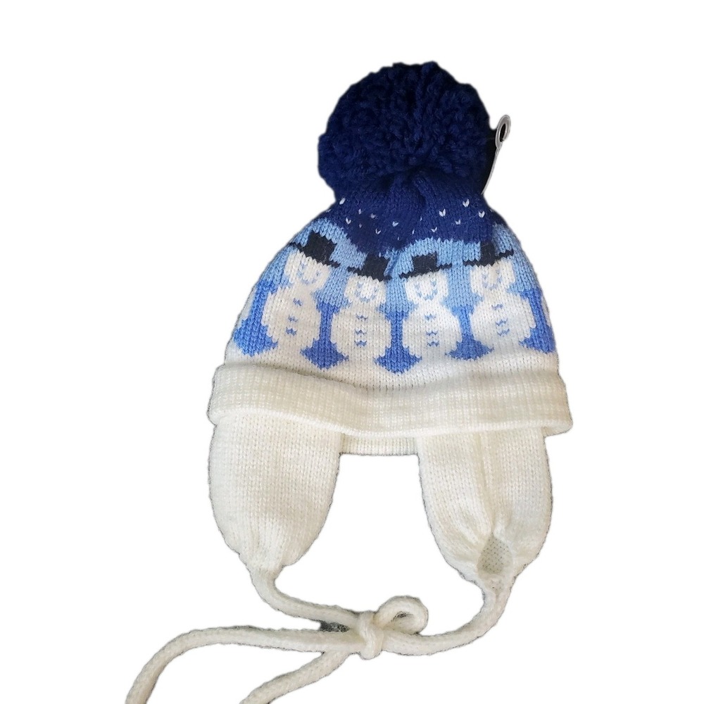 Maine Mad Hatter Infant Knit Beanie Baby Winter Cap Snowman Pom Ear Flaps Unisex